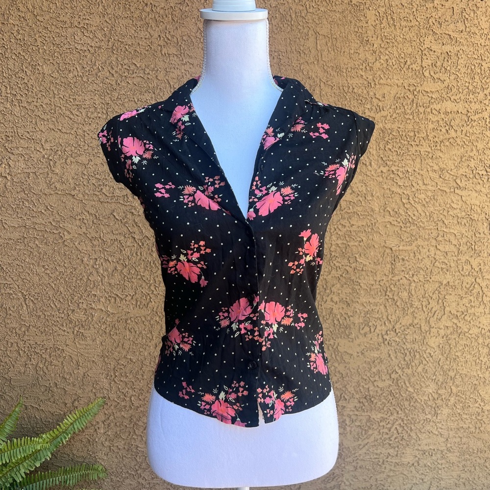 Lux Black and Pink Floral Button Down Shirt